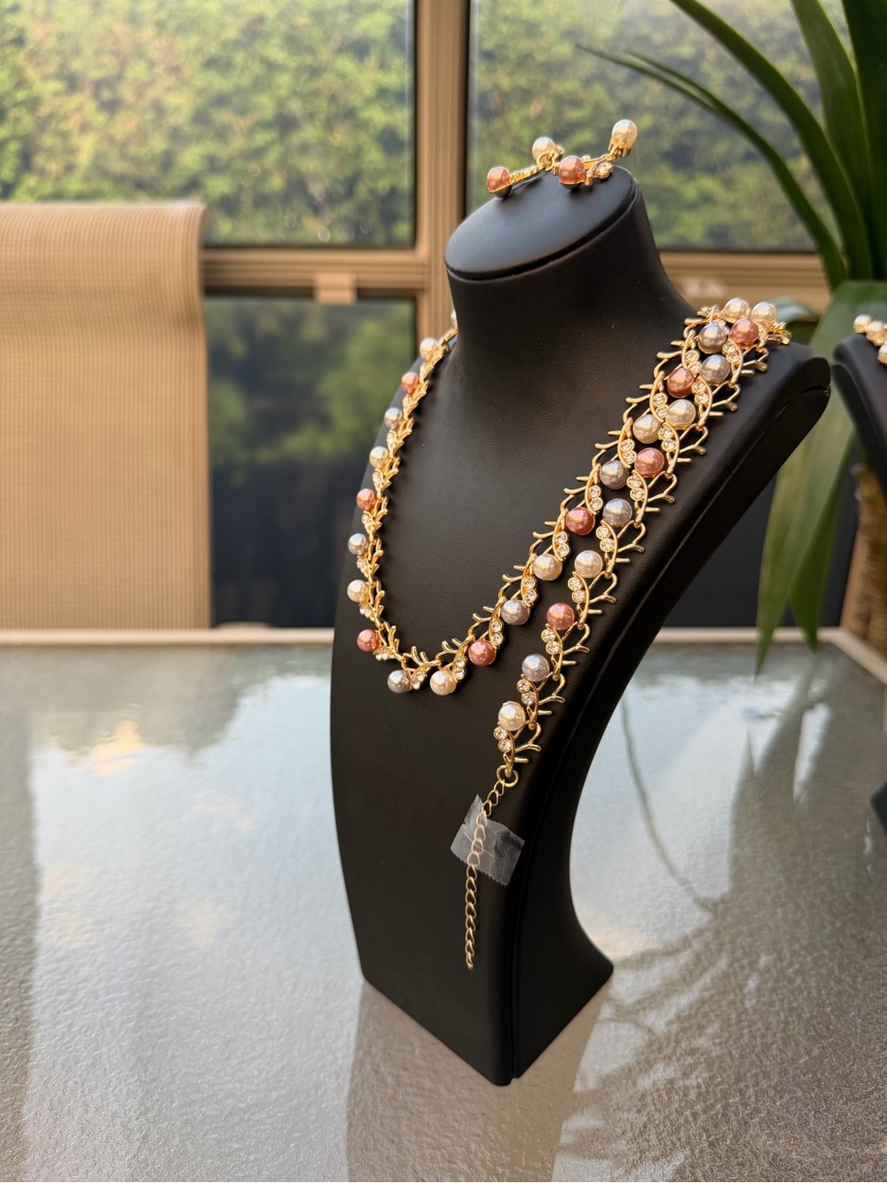 Gold Chain Necklace with Coral and Ivory Pearl Beads